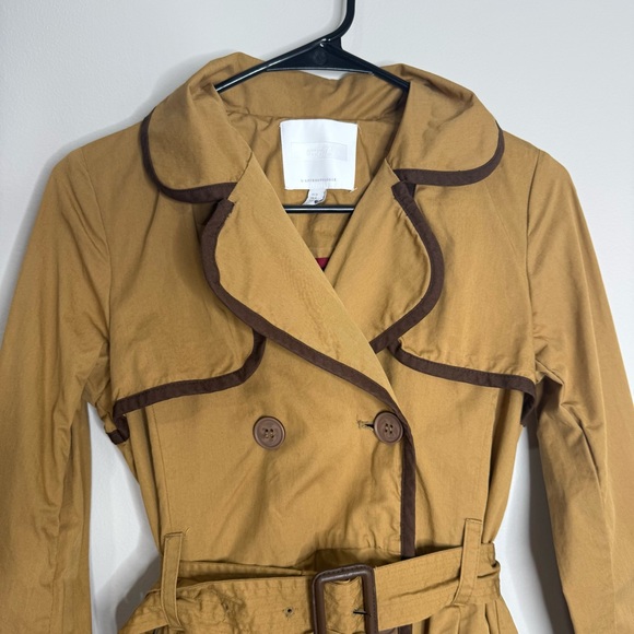 Anthropologie ett:twa Marley Belted Trench Coat Tan Brown Trim Pockets Size 0 - Picture 2 of 12